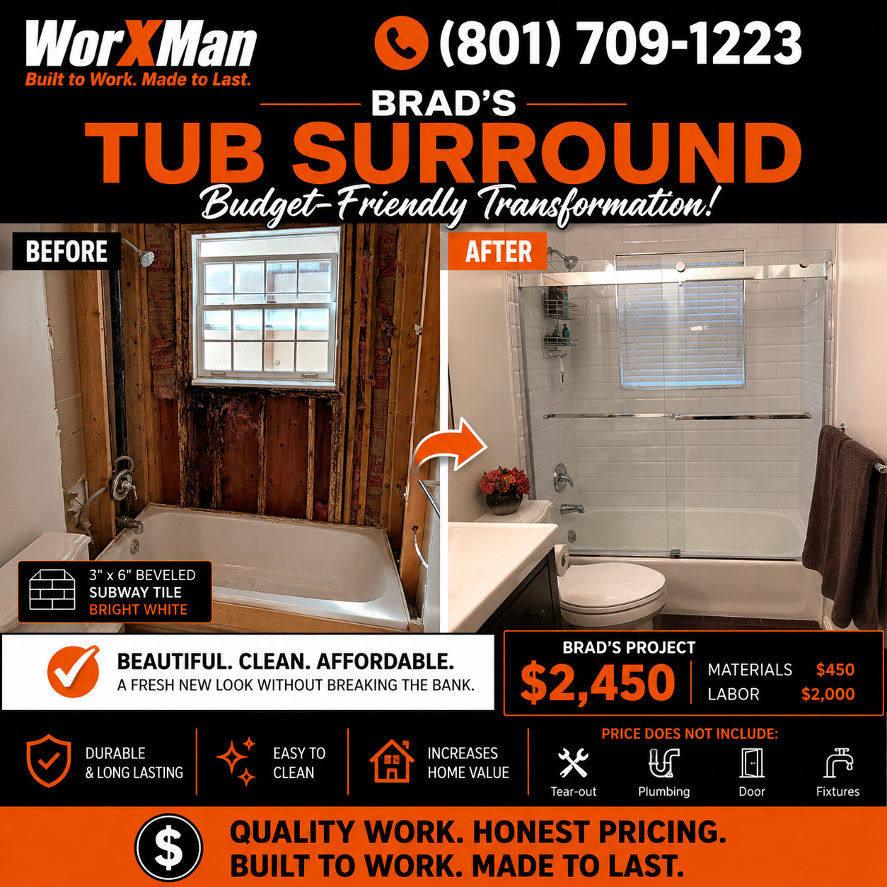 Brad's before-and-after bright white beveled subway tile tub surround