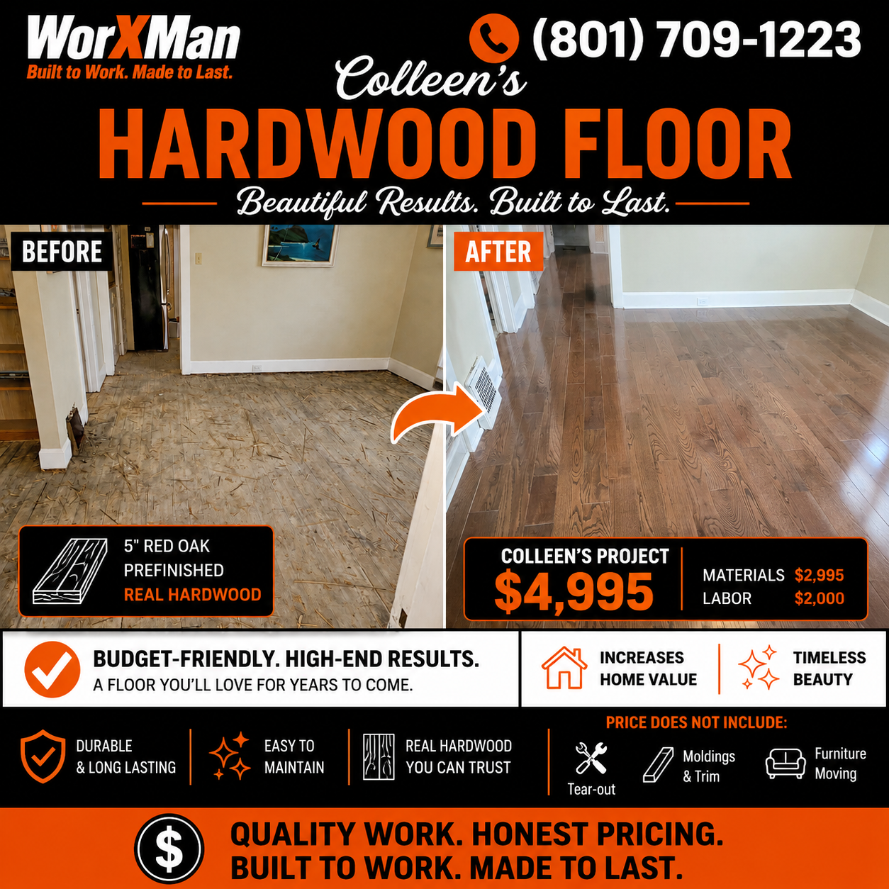Colleen's before-and-after 5-inch prefinished red oak hardwood flooring project